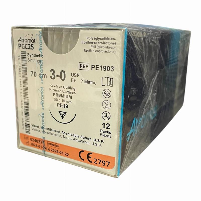 Поліглекапрон (PGC25) монофіламент, що розсмоктується, фіолетовий, USP 3-0 (EP2) зі зворотн.-ріж. голкою 19мм, 3/8 кола, довж. нитки 70см